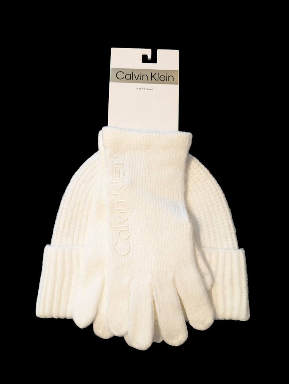 NWT, Calvin Klein, Women's Cream Ribbed Knit Hat with Matching Gloves